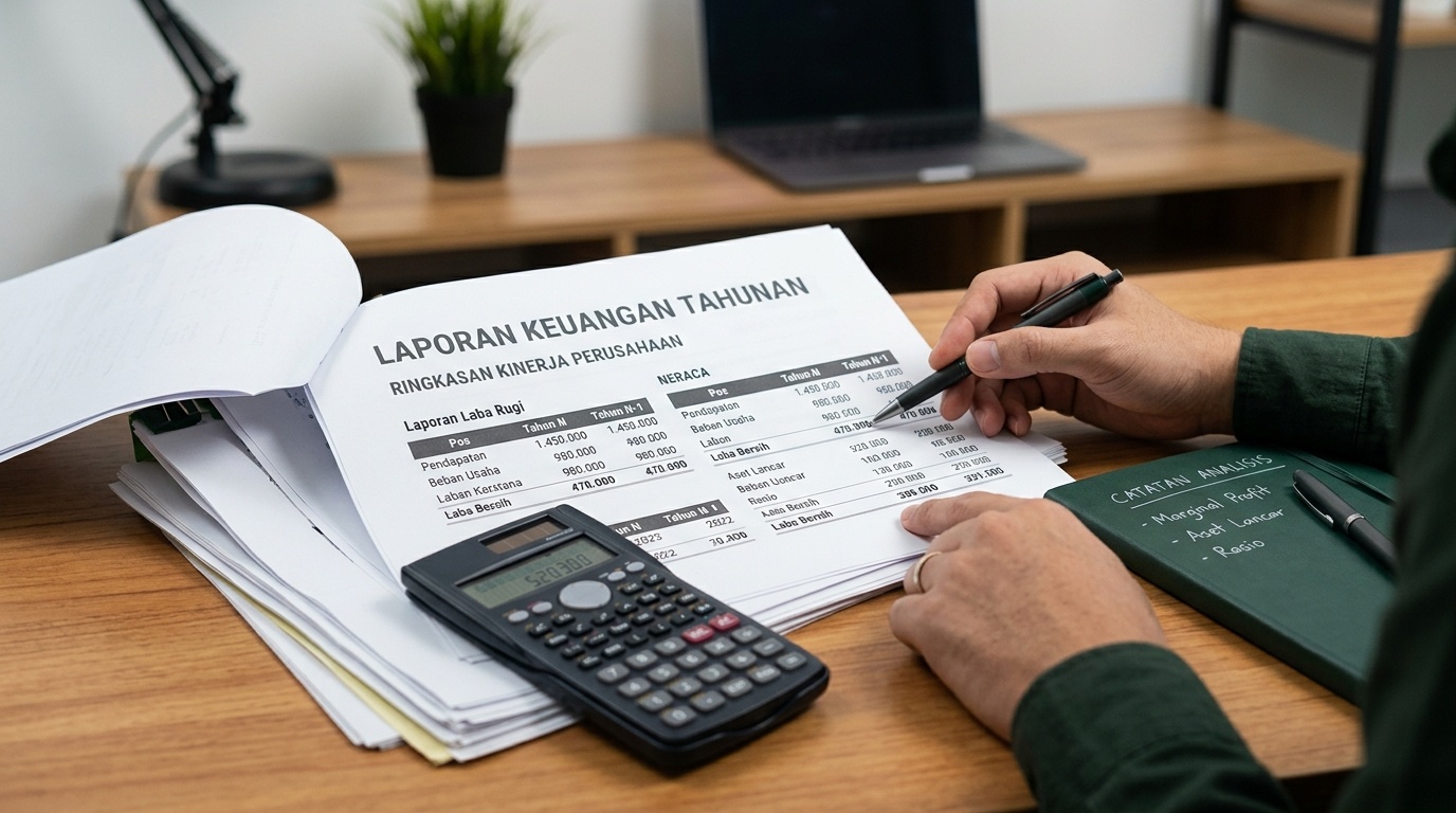 Lembar laporan keuangan dan kalkulator di atas meja kerja