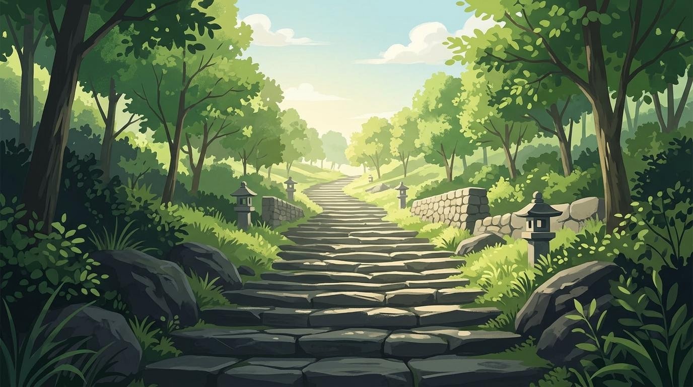 Ilustrasi jalan panjang yang menanjak tenang melambangkan pola pikir jangka panjang